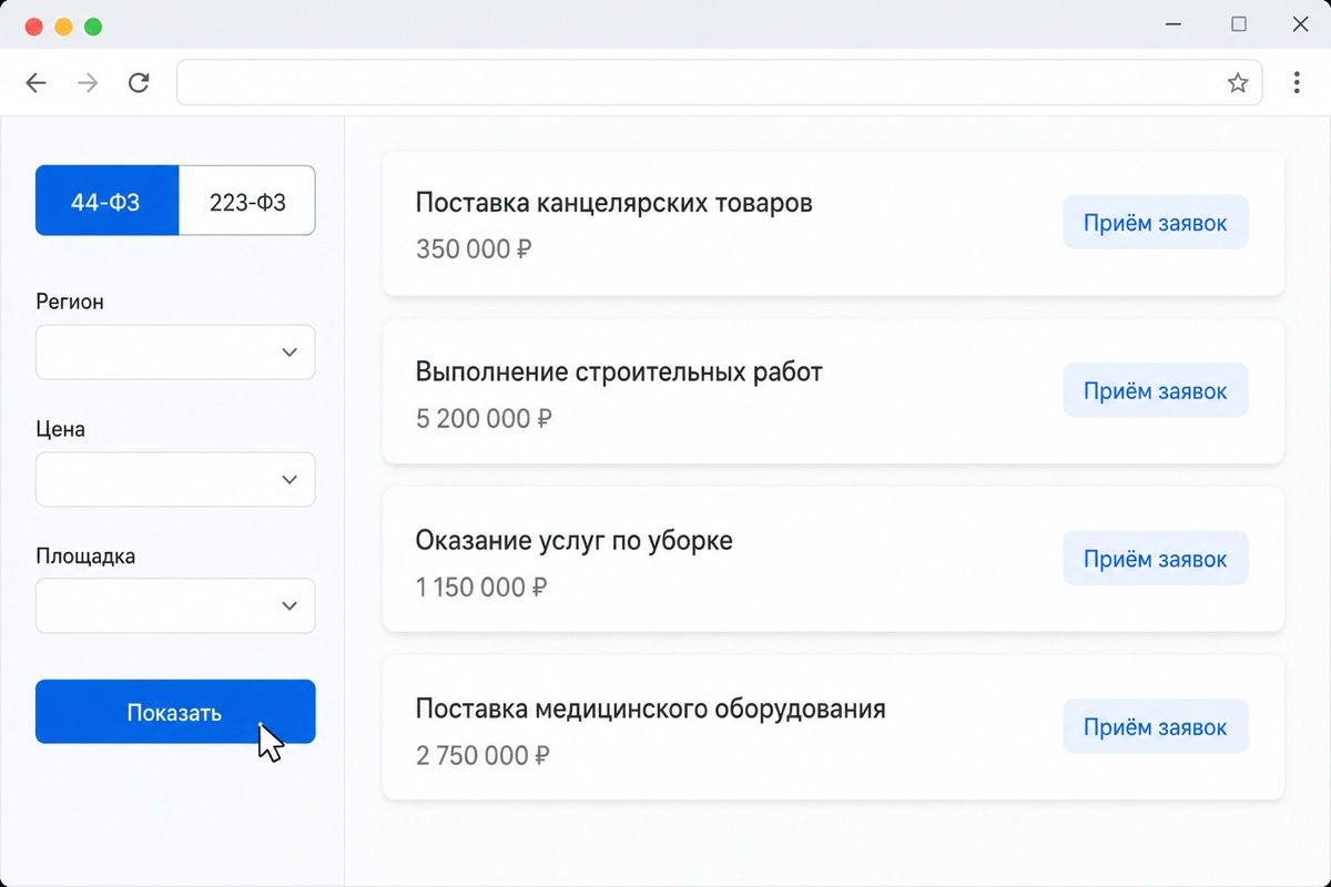 Фильтр по закону в поиске закупок: переключатель 44-ФЗ и 223-ФЗ и список процедур (иллюстрация интерфейса)