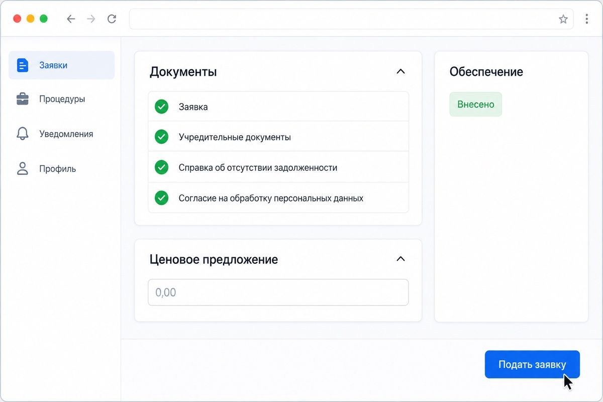 Экран подачи заявки: документы, цена и статус обеспечения перед отправкой (иллюстрация интерфейса)