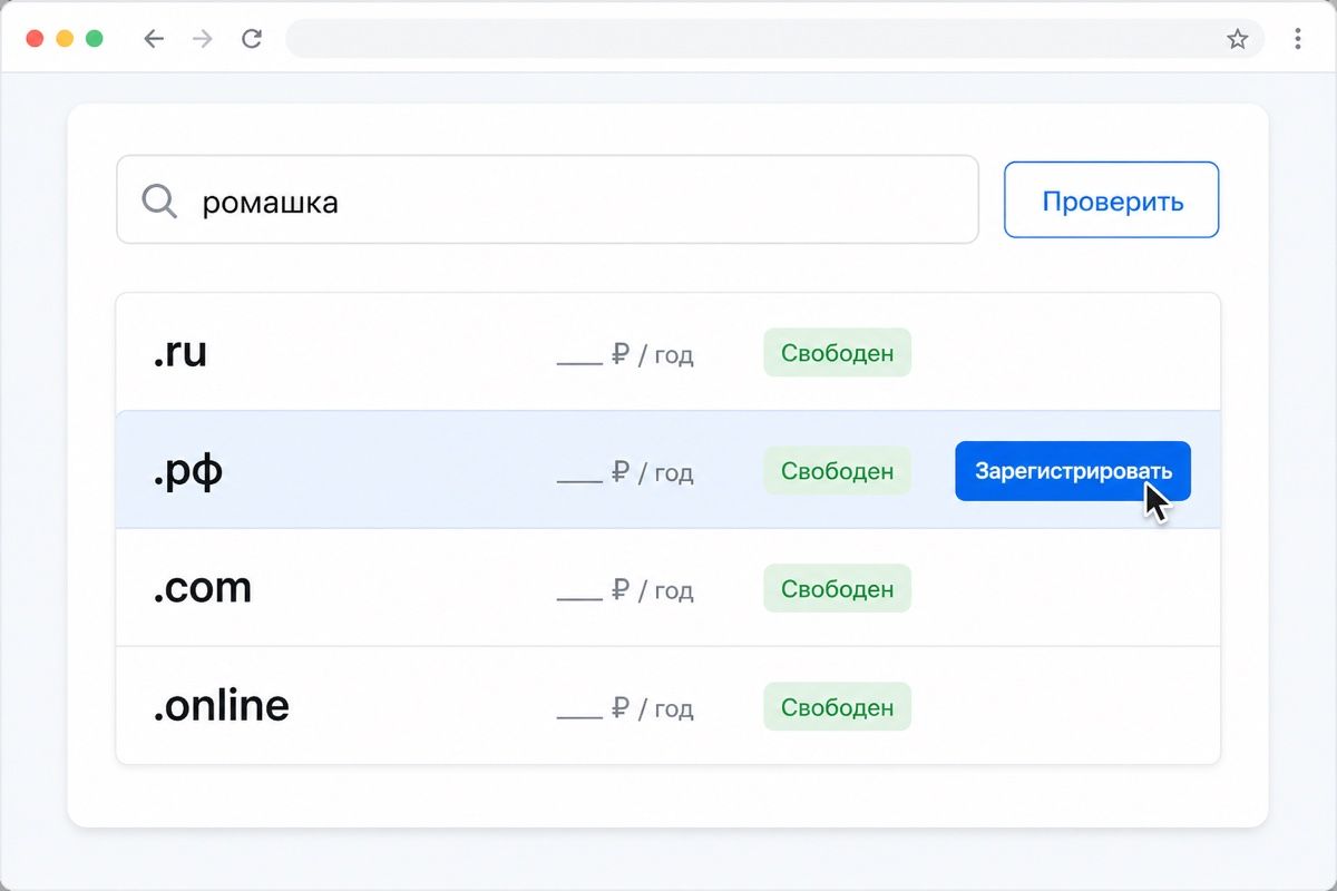 Проверка имени и выбор доменной зоны перед регистрацией (иллюстрация интерфейса)