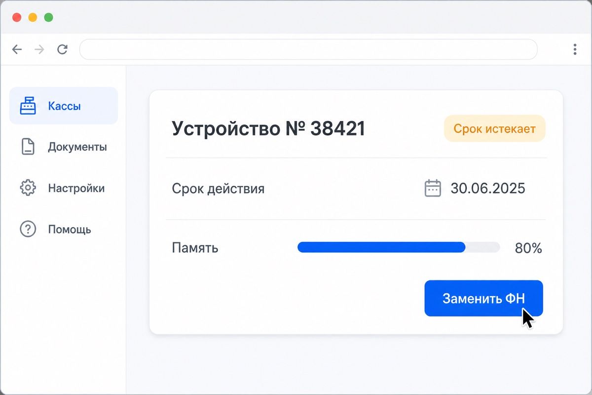 Карточка кассы со сроком фискального накопителя и остатком памяти (иллюстрация интерфейса)