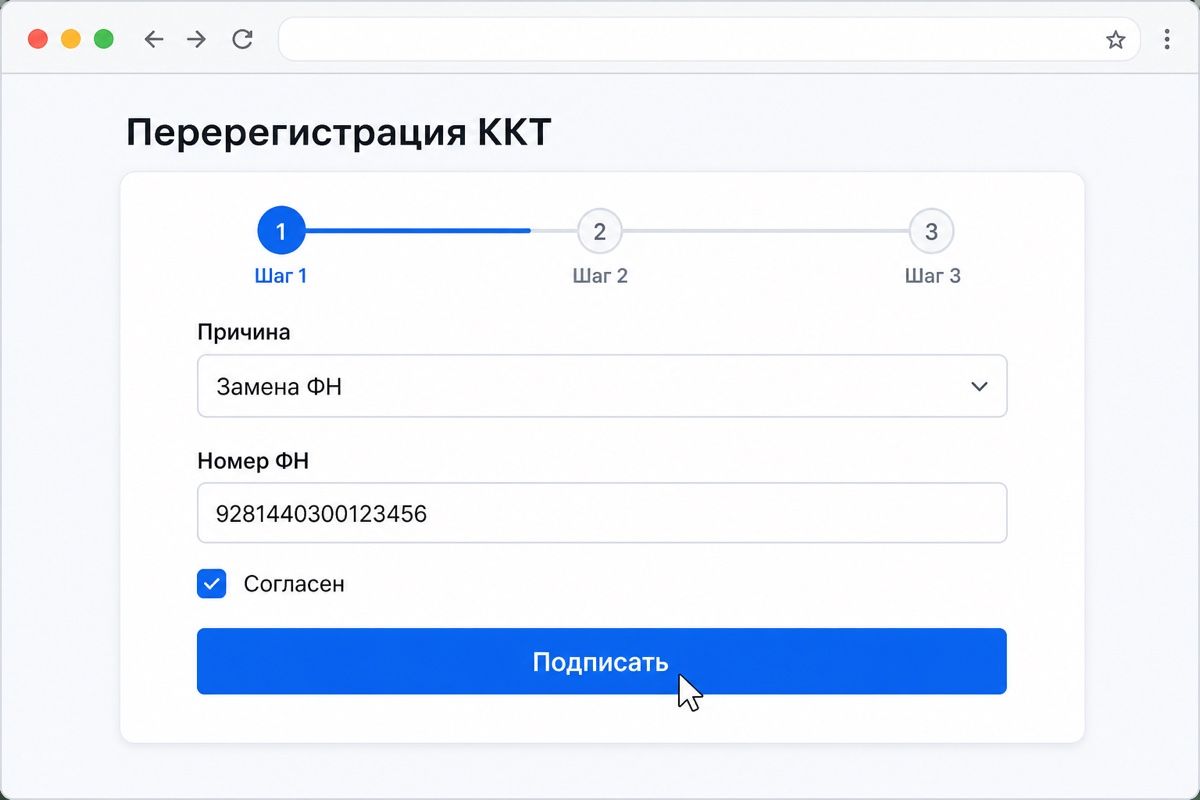 Заявление на перерегистрацию кассы после замены накопителя (иллюстрация интерфейса)