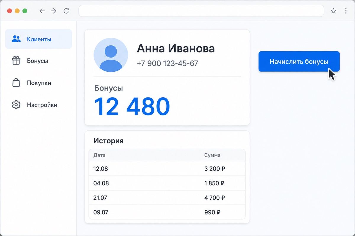 Карточка клиента с балансом бонусов и историей покупок (иллюстрация интерфейса)