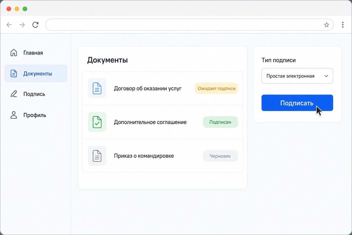 Список документов на подпись в кабинете сотрудника: статусы и кнопка подписания (иллюстрация интерфейса)