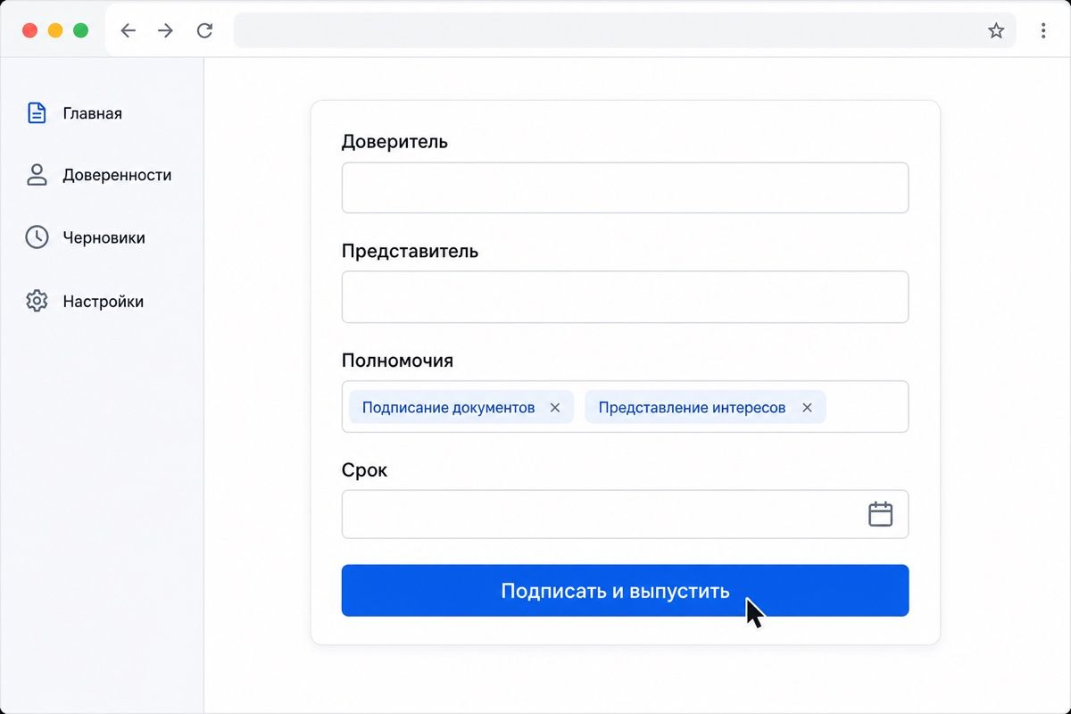 Форма выпуска доверенности: доверитель, представитель, полномочия и срок (иллюстрация интерфейса)