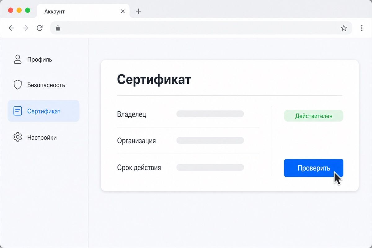 Карточка сертификата и кнопка проверки в личном кабинете удостоверяющего центра (иллюстрация интерфейса)