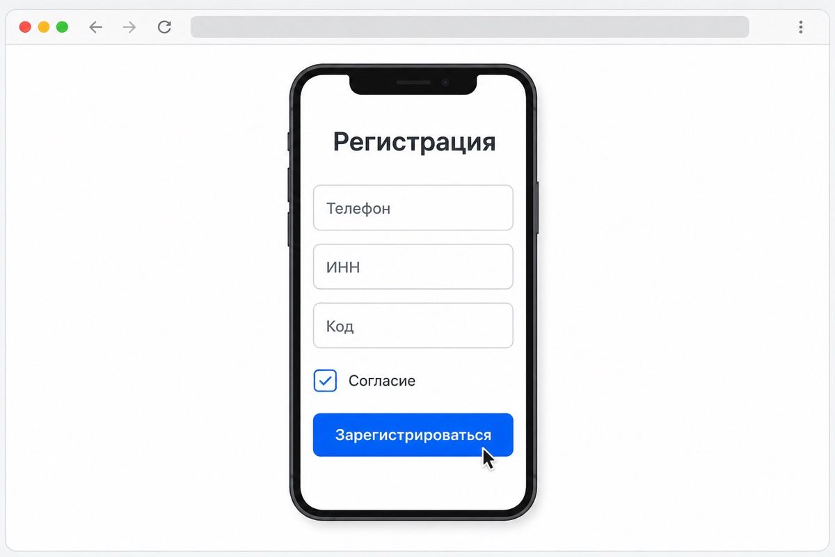 Экран постановки на учёт: телефон, ИНН и код из СМС (иллюстрация интерфейса)