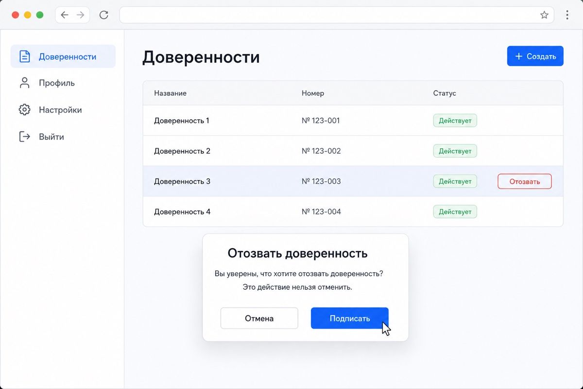 Кнопка отзыва в реестре доверенностей и подтверждение отмены (иллюстрация интерфейса)