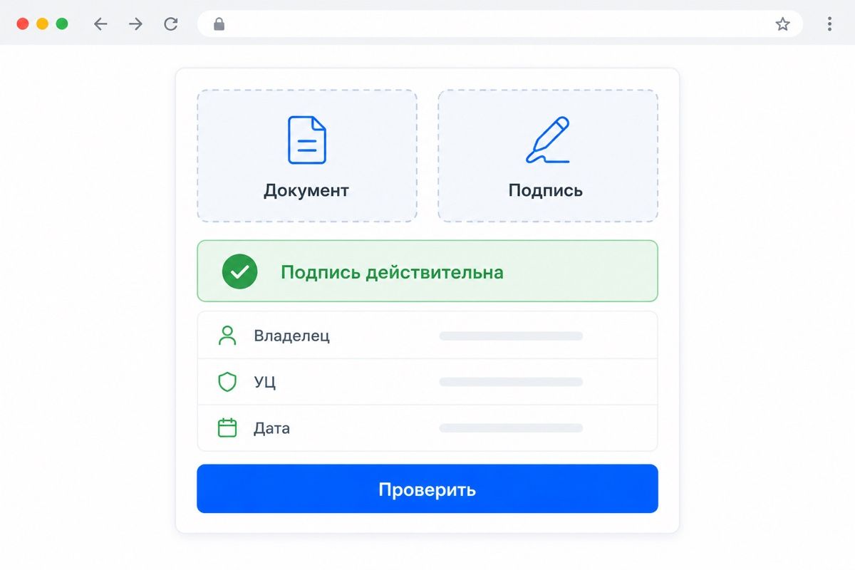 Окно проверки электронной подписи с результатом по документу (иллюстрация интерфейса)