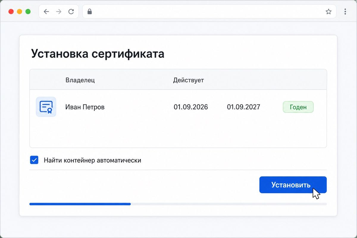 Установка сертификата на рабочий компьютер после получения токена (иллюстрация интерфейса)