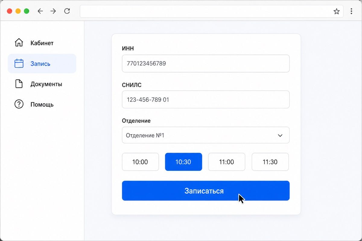 Запись на выпуск подписи: ИНН, СНИЛС, отделение и свободный слот (иллюстрация интерфейса)