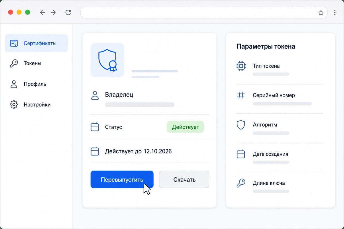 Карточка действующего сертификата и кнопка перевыпуска в личном кабинете УЦ (иллюстрация интерфейса)