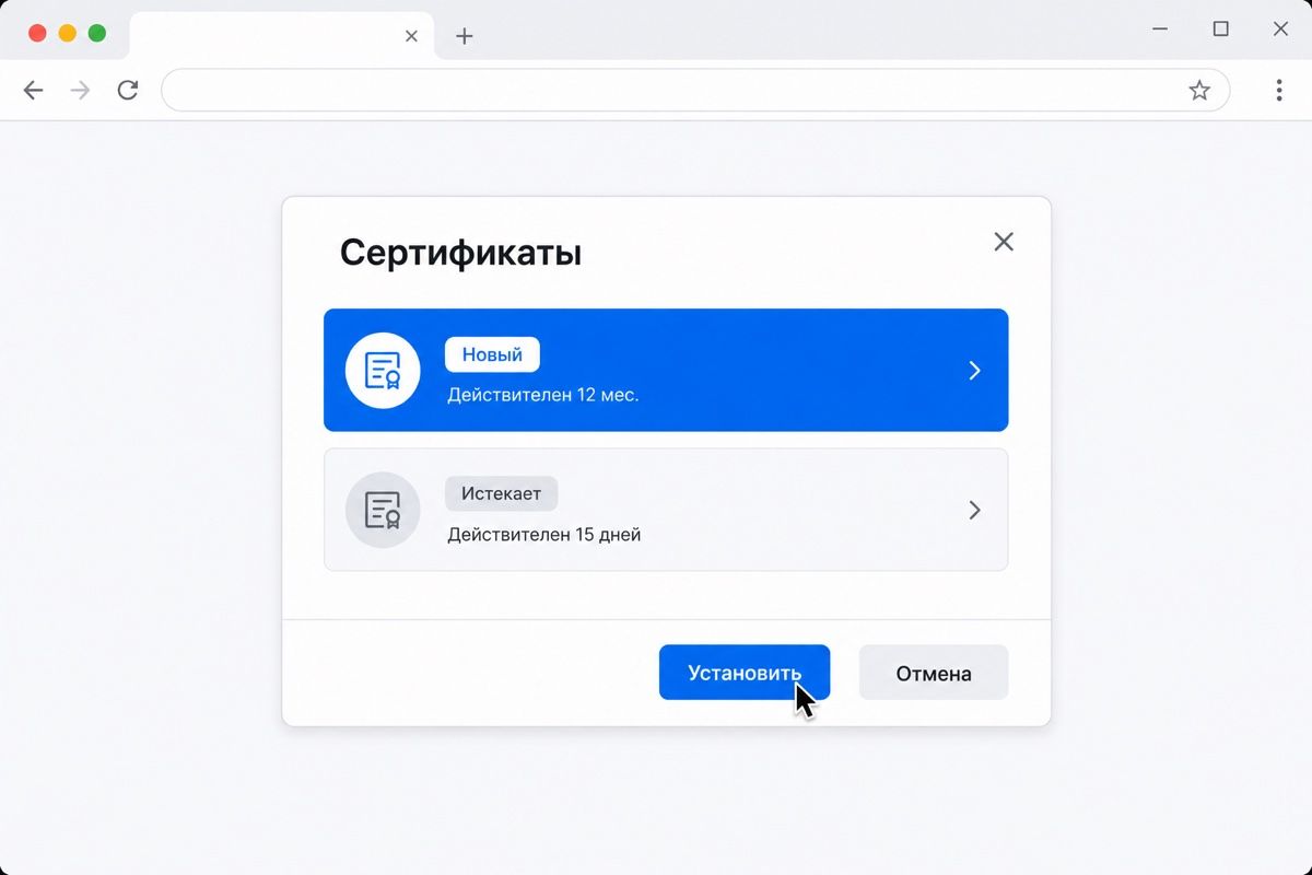 Установка нового сертификата на токен рядом со старым (иллюстрация интерфейса)