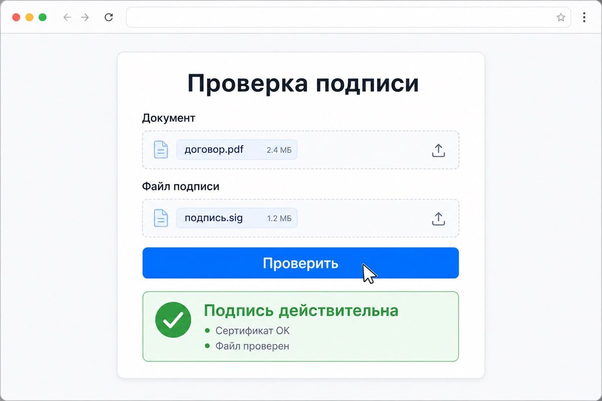Проверка открепленной подписи: документ, файл .sig и зелёный статус «Подпись действительна» (иллюстрация интерфейса)