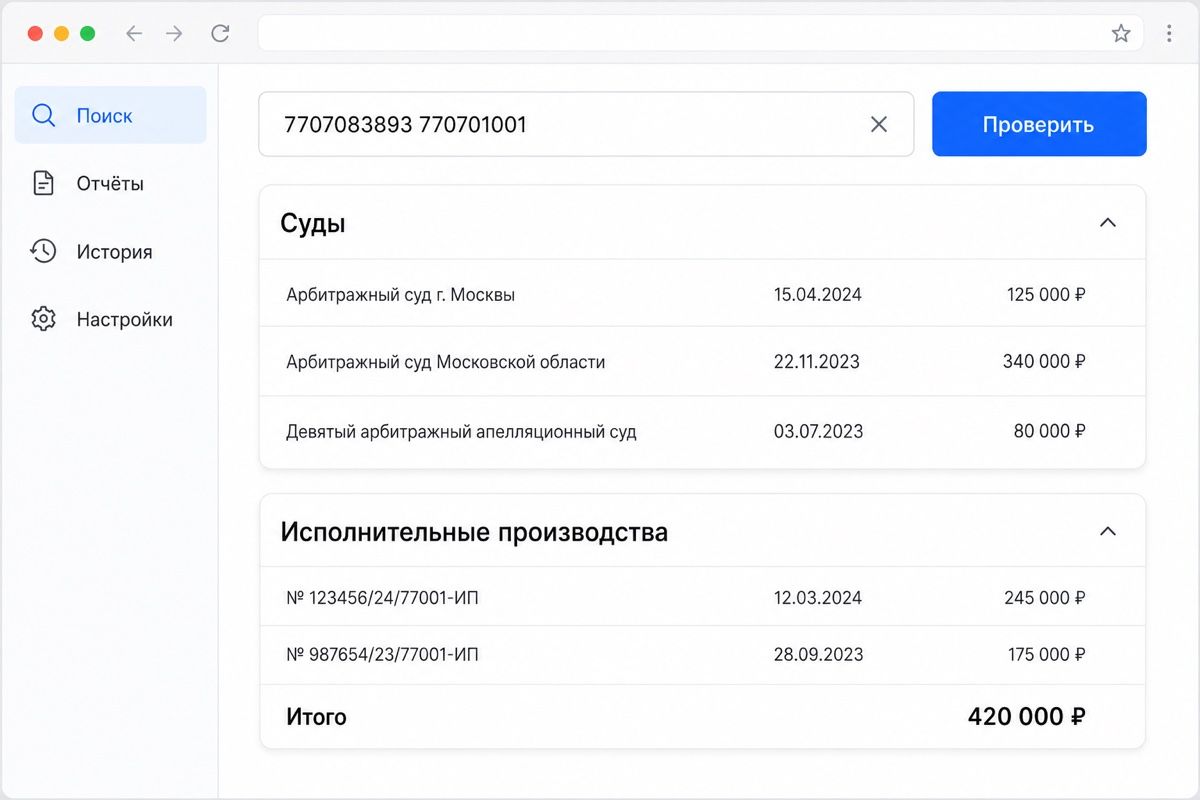 Результат проверки по ИНН: блоки «Суды» и «Исполнительные производства» (иллюстрация интерфейса)