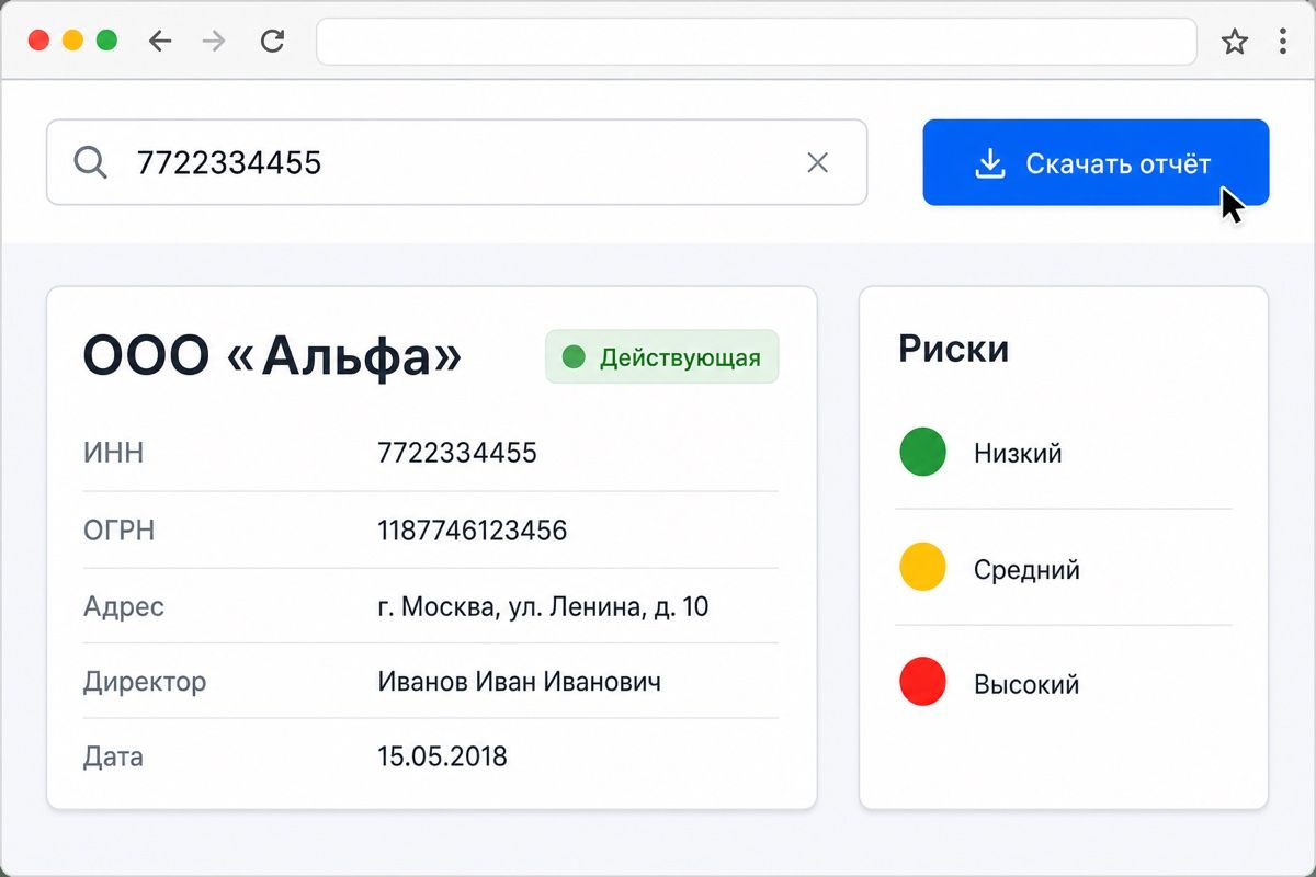 Карточка компании в сервисе проверки: статус, индикаторы риска и кнопка отчёта (иллюстрация интерфейса)