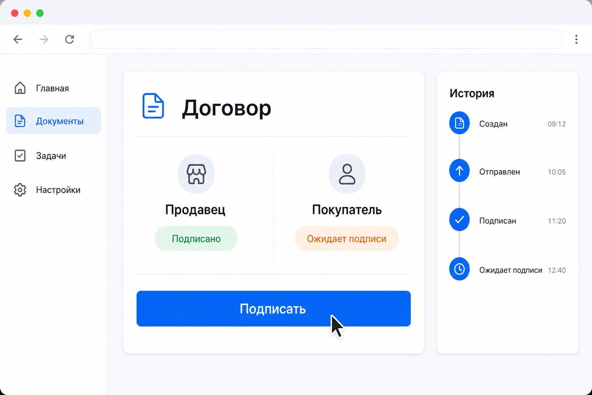 Карточка документа: статусы обеих сторон, история действий и кнопка подписания (иллюстрация интерфейса)