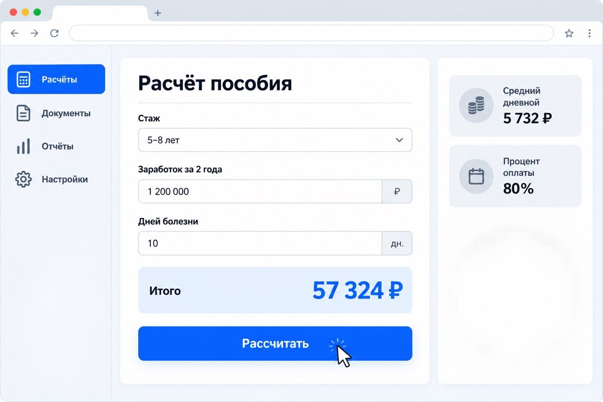 Форма расчёта пособия: стаж, заработок за два года и дни болезни (иллюстрация интерфейса)
