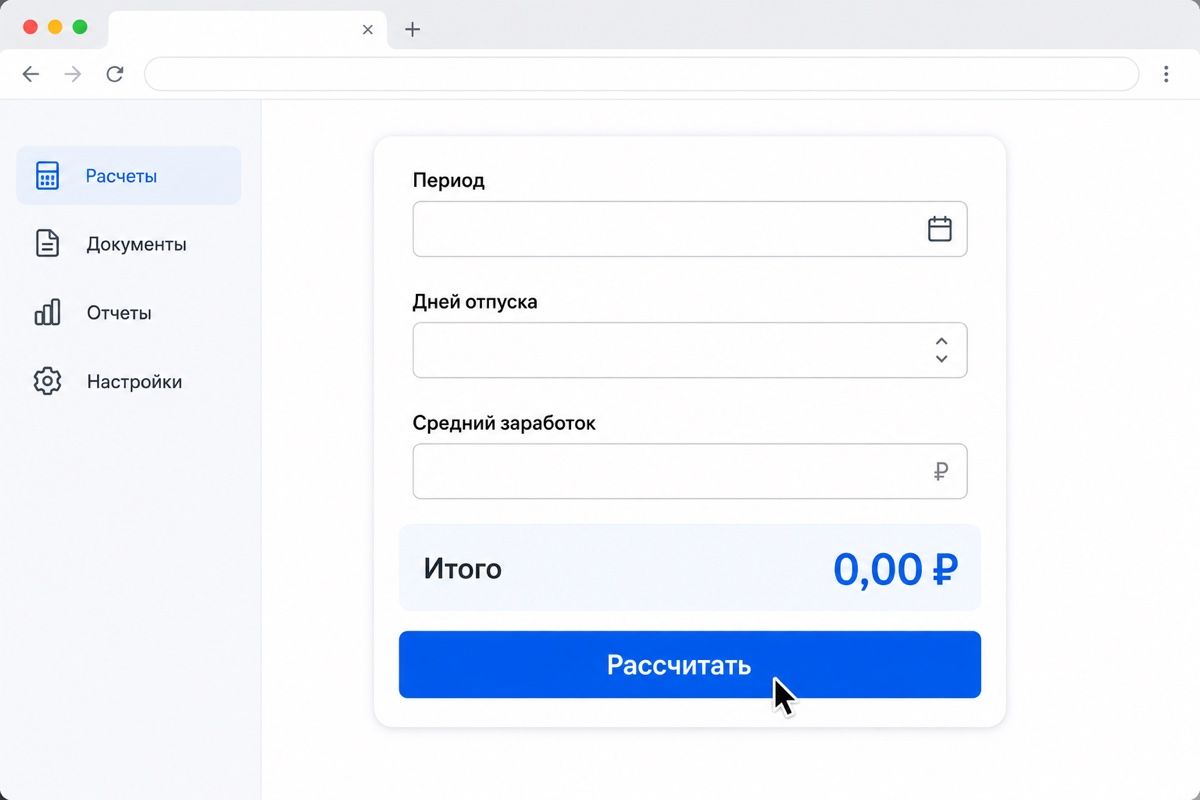 Форма расчёта отпускных: период, дни отпуска и средний заработок (иллюстрация интерфейса)