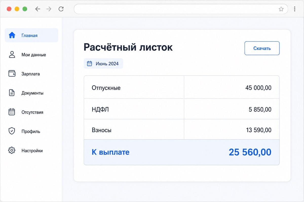 Расчётный листок с отпускными, удержанным НДФЛ и суммой к выплате (иллюстрация интерфейса)