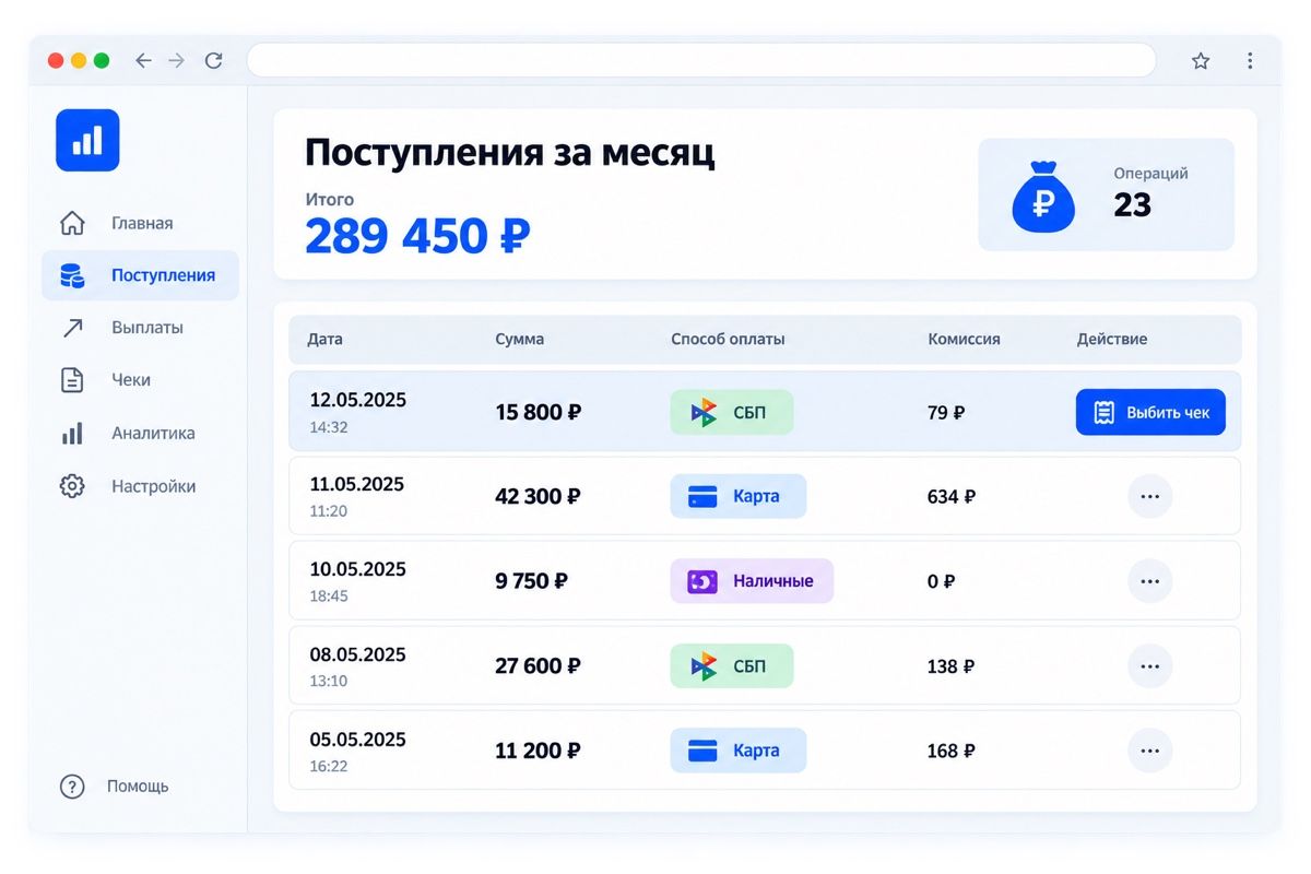 Список поступлений с удержанными комиссиями и кнопкой формирования чека (иллюстрация интерфейса)