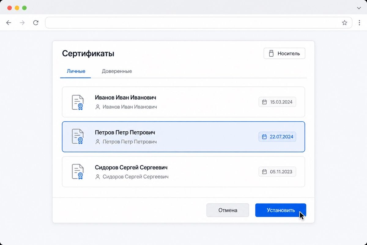 Выбор сертификата на носителе и кнопка установки в окне криптопровайдера (иллюстрация интерфейса)