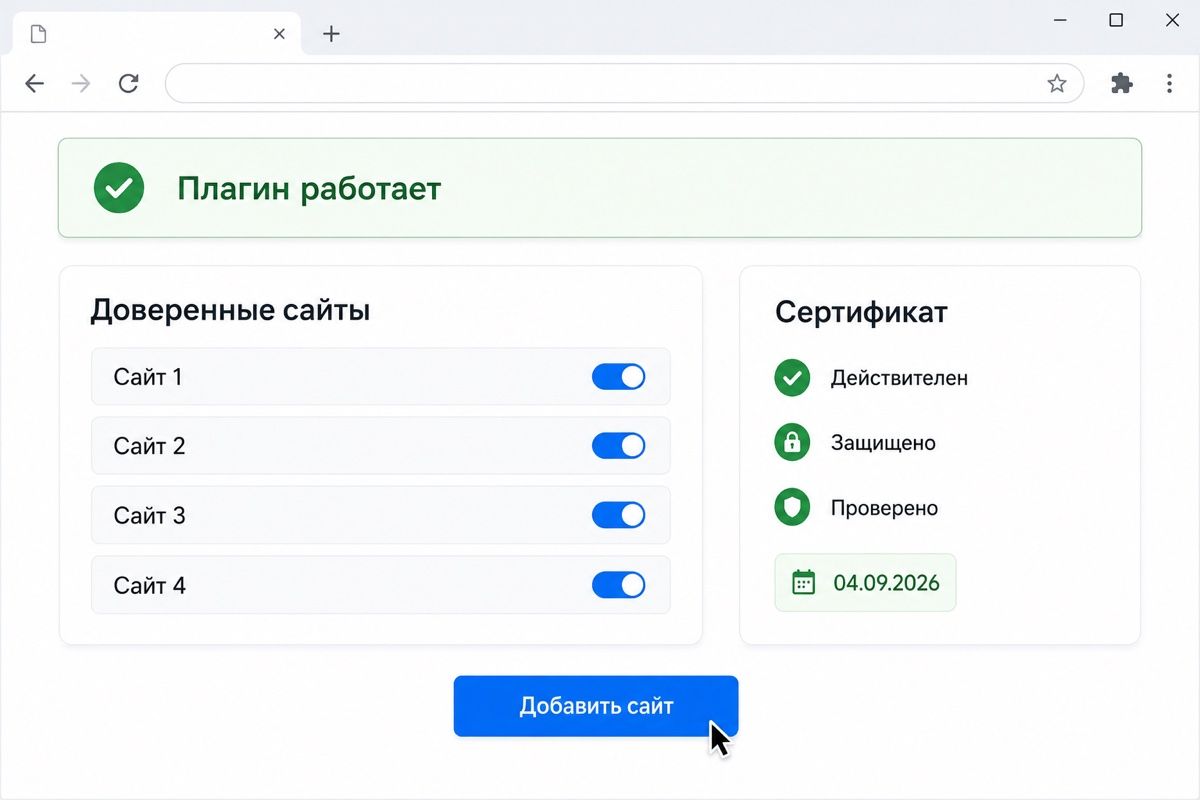 Страница настройки браузерного плагина с индикатором «Плагин работает» (иллюстрация интерфейса)