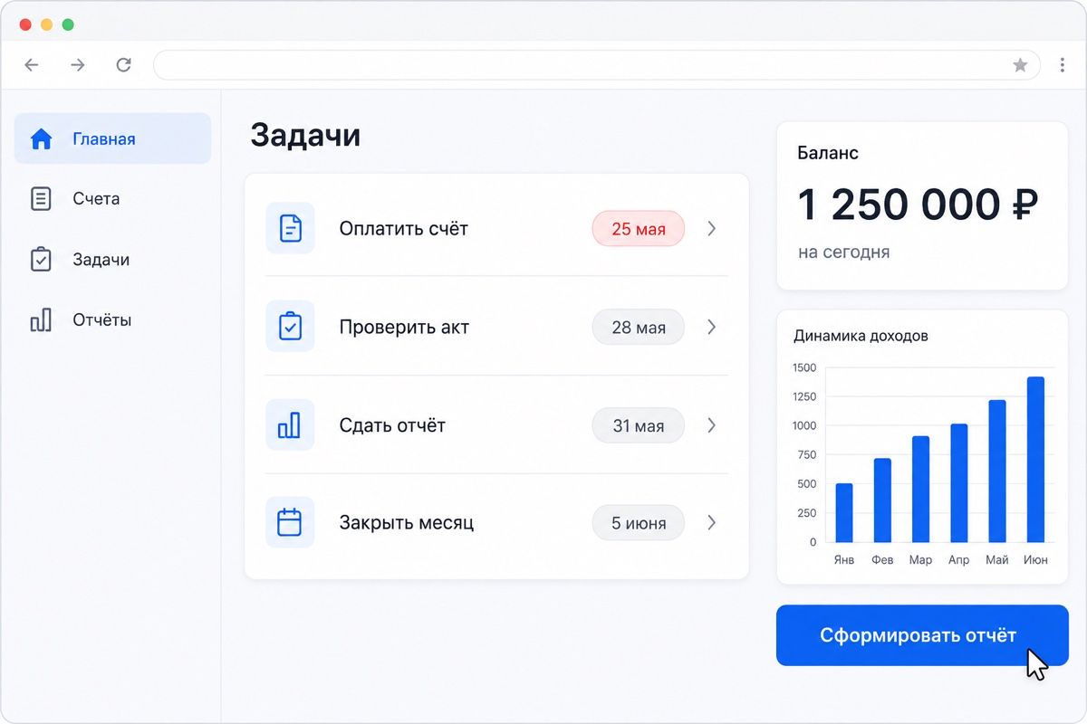 Рабочий стол онлайн-бухгалтерии: задачи со сроками, остаток на счёте и кнопка формирования отчёта (иллюстрация интерфейса)
