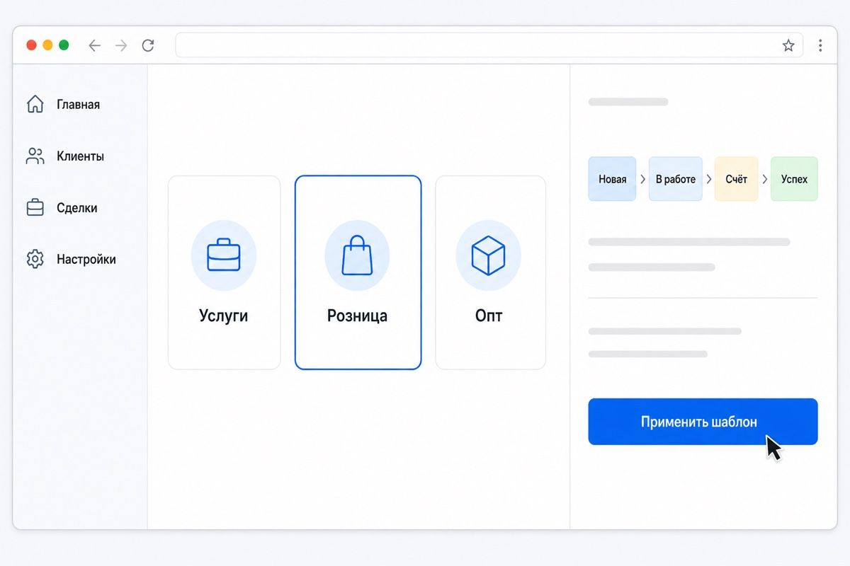 Выбор отраслевого шаблона воронки при первичной настройке CRM (иллюстрация интерфейса)