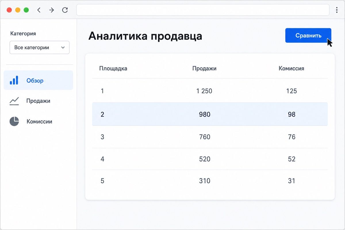 Сводная таблица площадок с продажами и комиссией в сервисе аналитики (иллюстрация интерфейса)