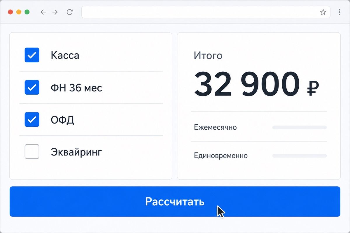 Калькулятор комплекта: касса, накопитель, оператор и эквайринг в одной смете (иллюстрация интерфейса)